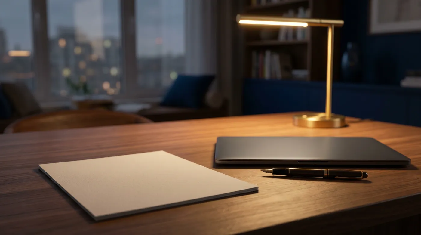 A modern walnut desk at dusk with a blank document, a closed laptop, and a fountain pen under a warm lamp.