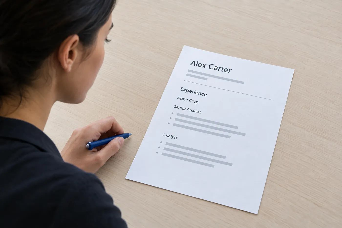A printed resume on a desk showing stacked job titles under one employer, illustrating chronological ordering.