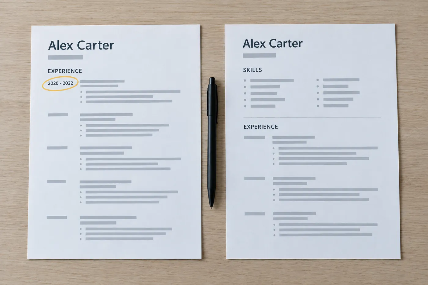 Two resumes side-by-side contrasting a chronological layout highlighting an employment gap with a skills-focused layout.