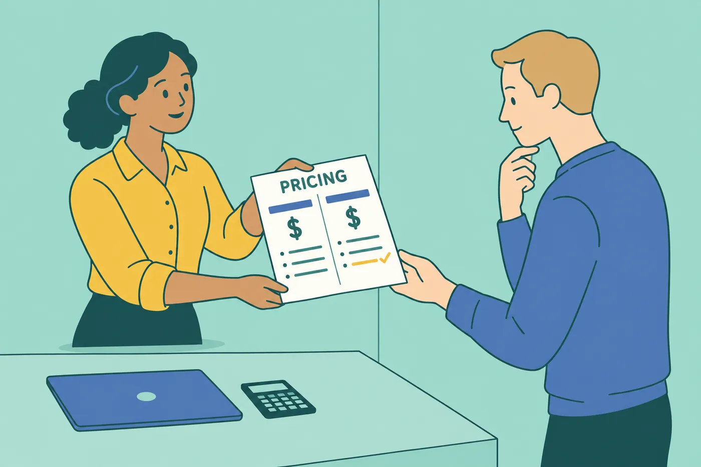 A woman hands a pricing comparison sheet to a colleague over a desk, for an article comparing Rezi and Teal subscriptions.