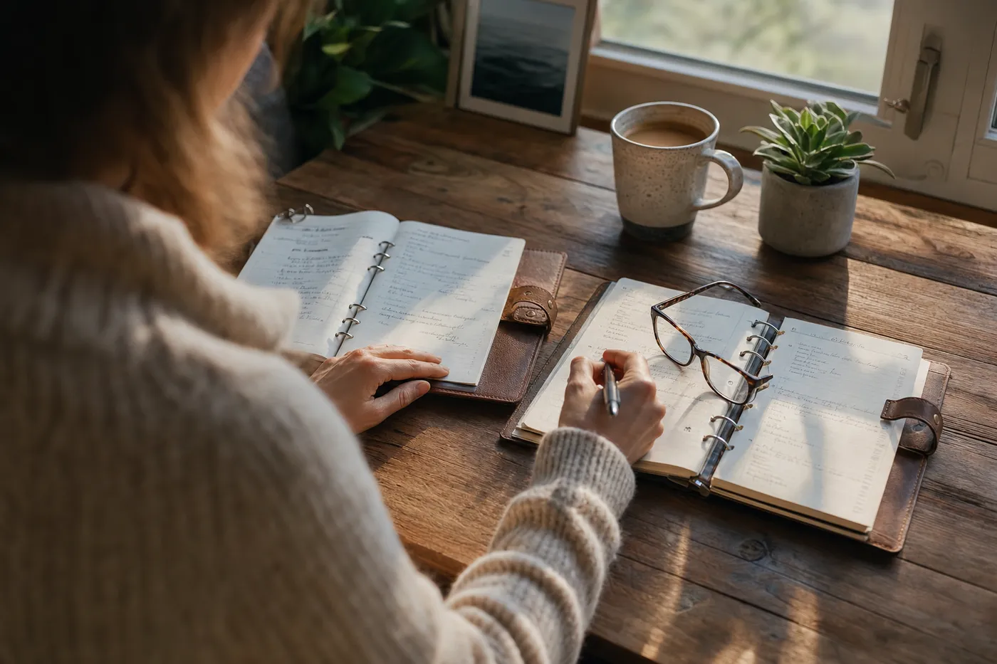 Two open planners side-by-side on a warm wooden desk, illustrating a comparison of career subscription options.