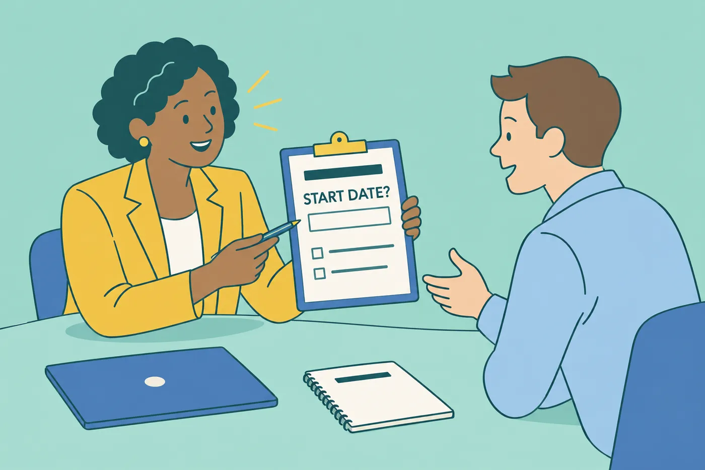 A hiring manager asks a candidate about their start date during an interview, pointing to a clipboard form.