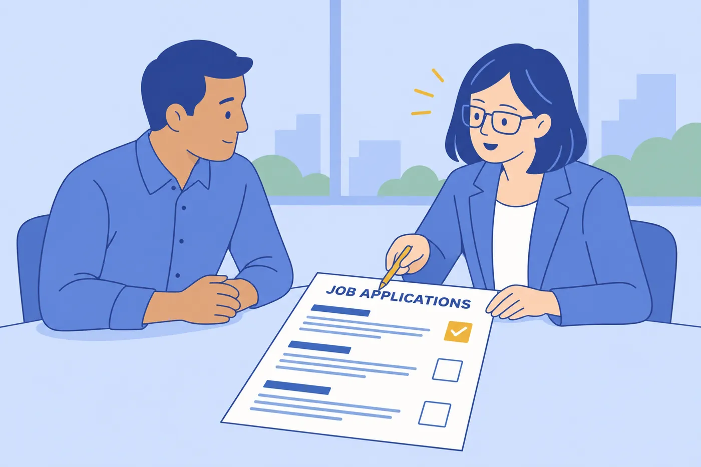 A job seeker and a career advisor review an active job application tracker, showing the importance of keeping the search running.