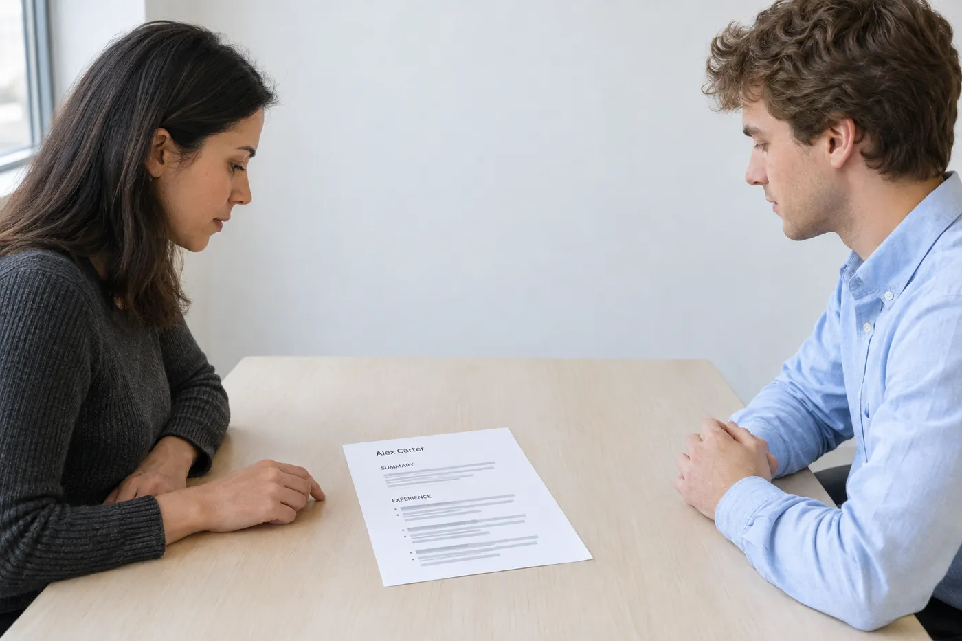 A recruiter and applicant reviewing a single-column printed resume on a table, discussing the section order.