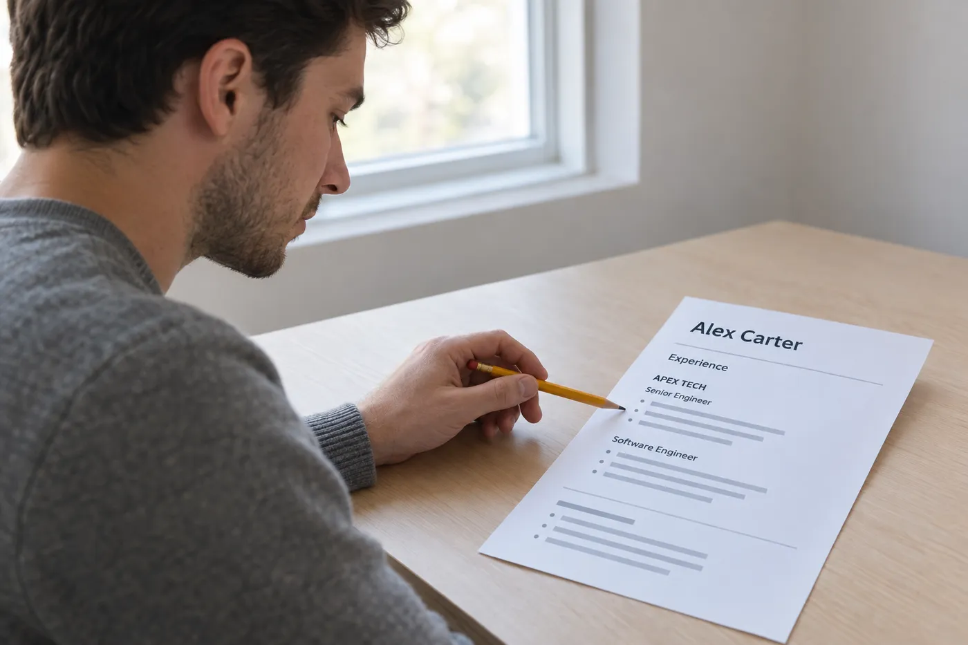 A man reviewing a printed resume showing two job titles stacked under one employer name, illustrating space-saving layouts.