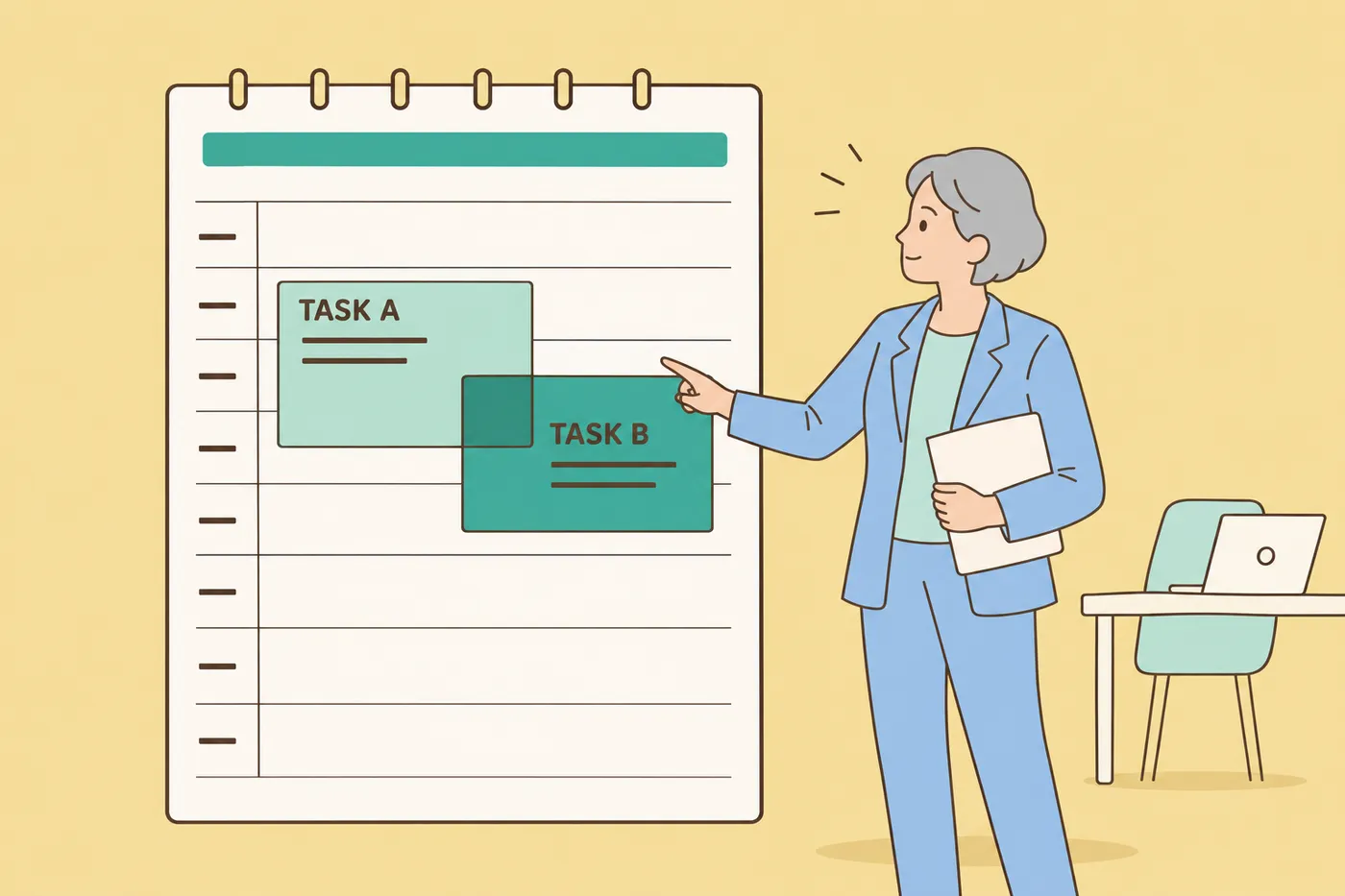 A professional woman points at two overlapping tasks on a giant calendar, illustrating how to handle workload conflicts.