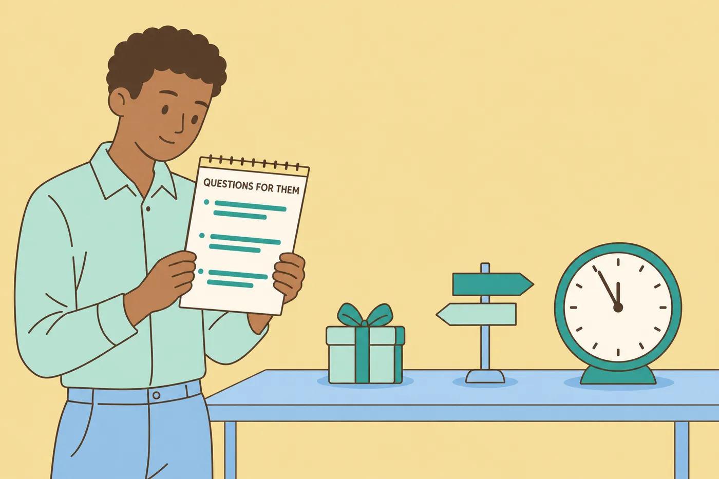 A candidate reviews his prepared situational questions on a notepad next to objects representing workplace scenarios.