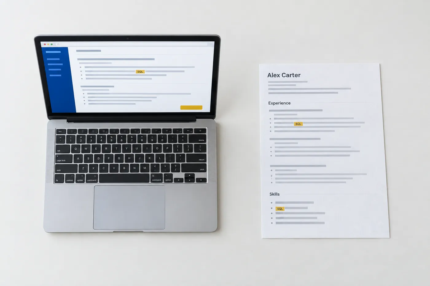 A laptop displaying a job description beside a printed resume, both highlighting the skill SQL, showing where skills belong.