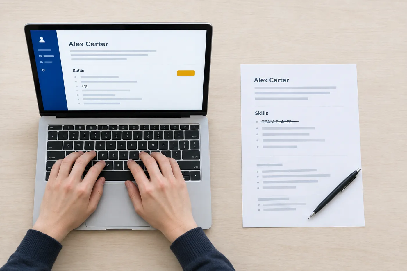 A laptop screen showing a resume with 'SQL' next to a printed draft where 'Team Player' is crossed out, illustrating skills to cut.