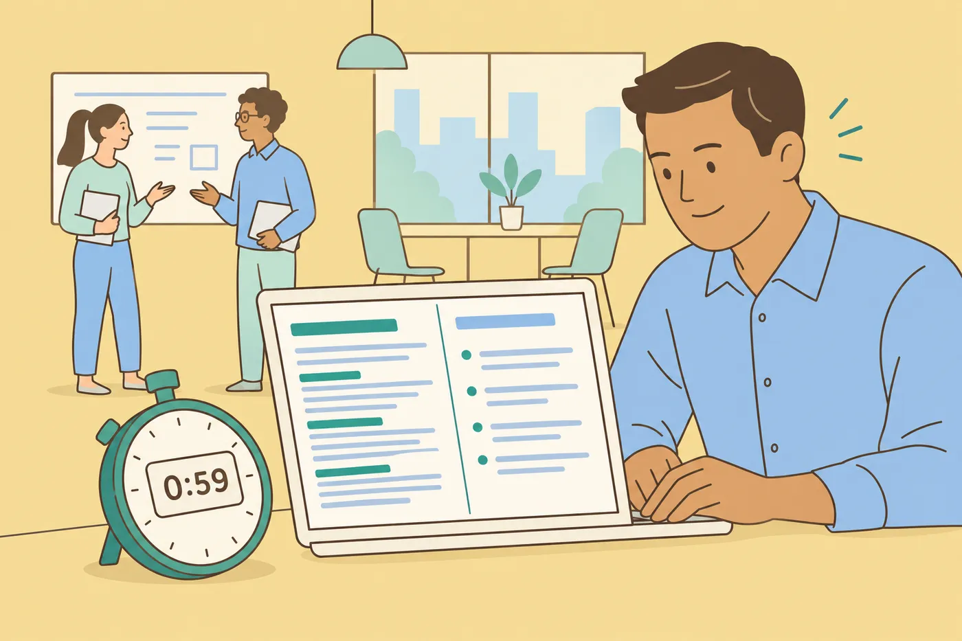 Illustration of a person editing a resume beside a stopwatch; the stopwatch is conceptual, not a measured product-performance result.
