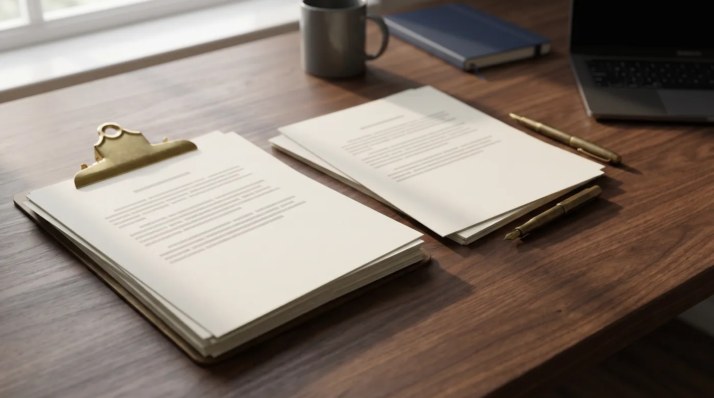 Two printed resume variants laid out on a dark walnut desk next to a brass clipboard and a fountain pen.