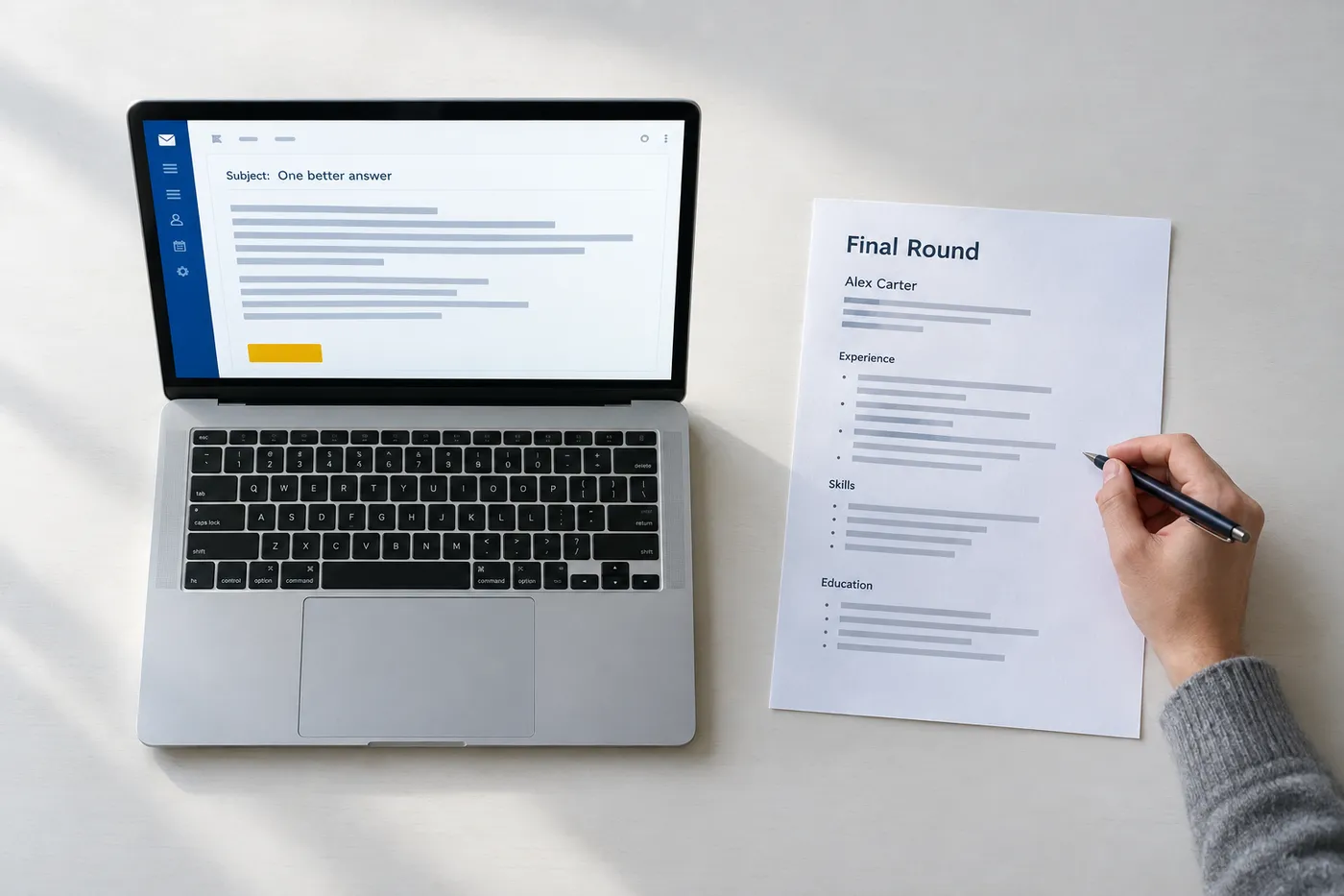 A laptop screen displaying a thank-you email draft with the subject 'One better answer' next to a printed page of final round interview notes.