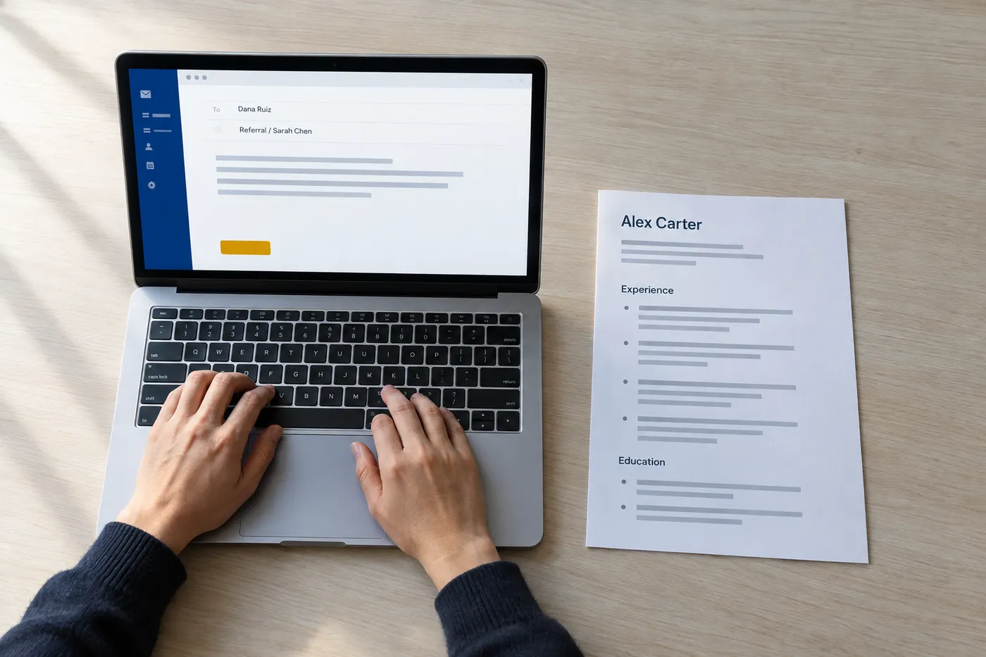 An email draft with the subject line 'Referral / Sarah Chen' on a laptop next to a printed resume, for a referral thank-you guide.