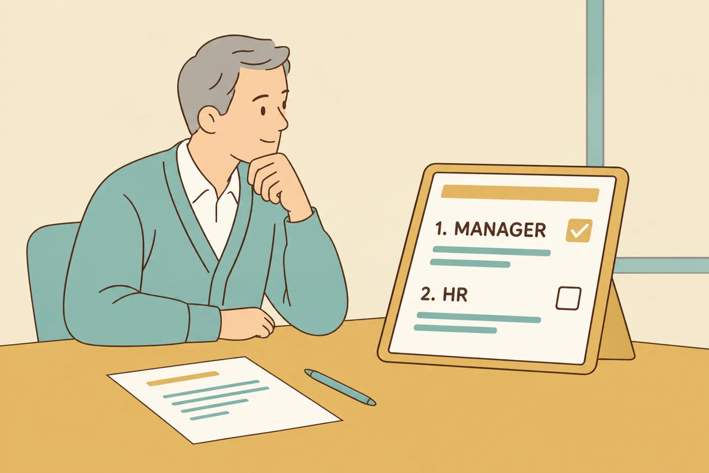 A man in his fifties reviews a checklist on his tablet showing the order of resignation delivery: manager first, then HR.