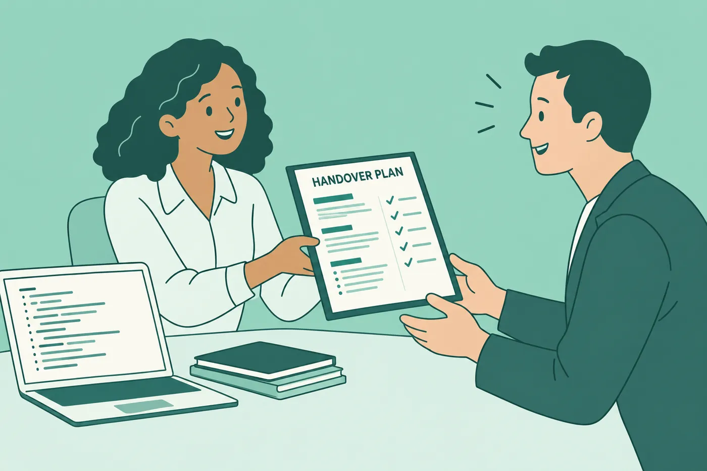 A worker hands a comprehensive handover plan to her relieved manager, illustrating a proactive transition document.