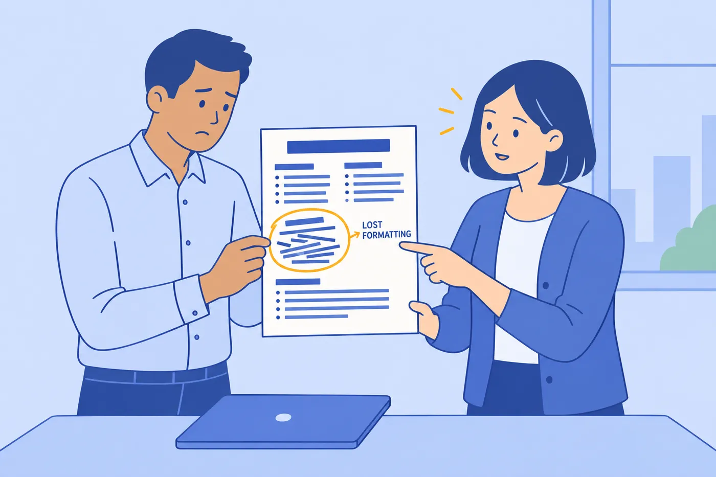 A man and a woman inspect a printed resume with scrambled, overlapping text lines, illustrating how ChatGPT can lose formatting.