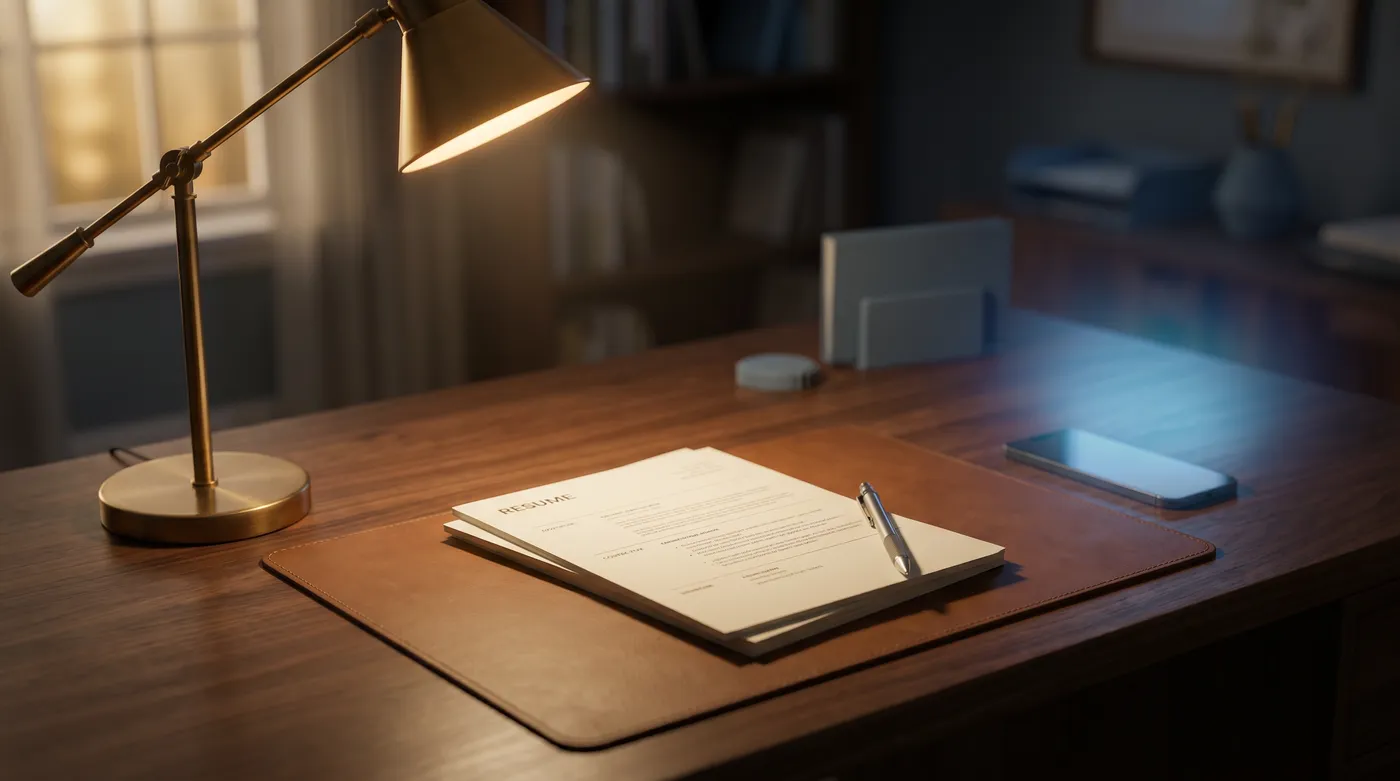 A face-down resume on a walnut desk illuminated by a brass lamp next to a glowing smartphone, representing AI resume tailoring.