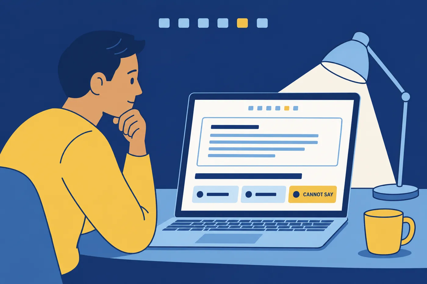 A man analyzes a verbal reasoning test question on a laptop, deciding on the 'Cannot Say' option.
