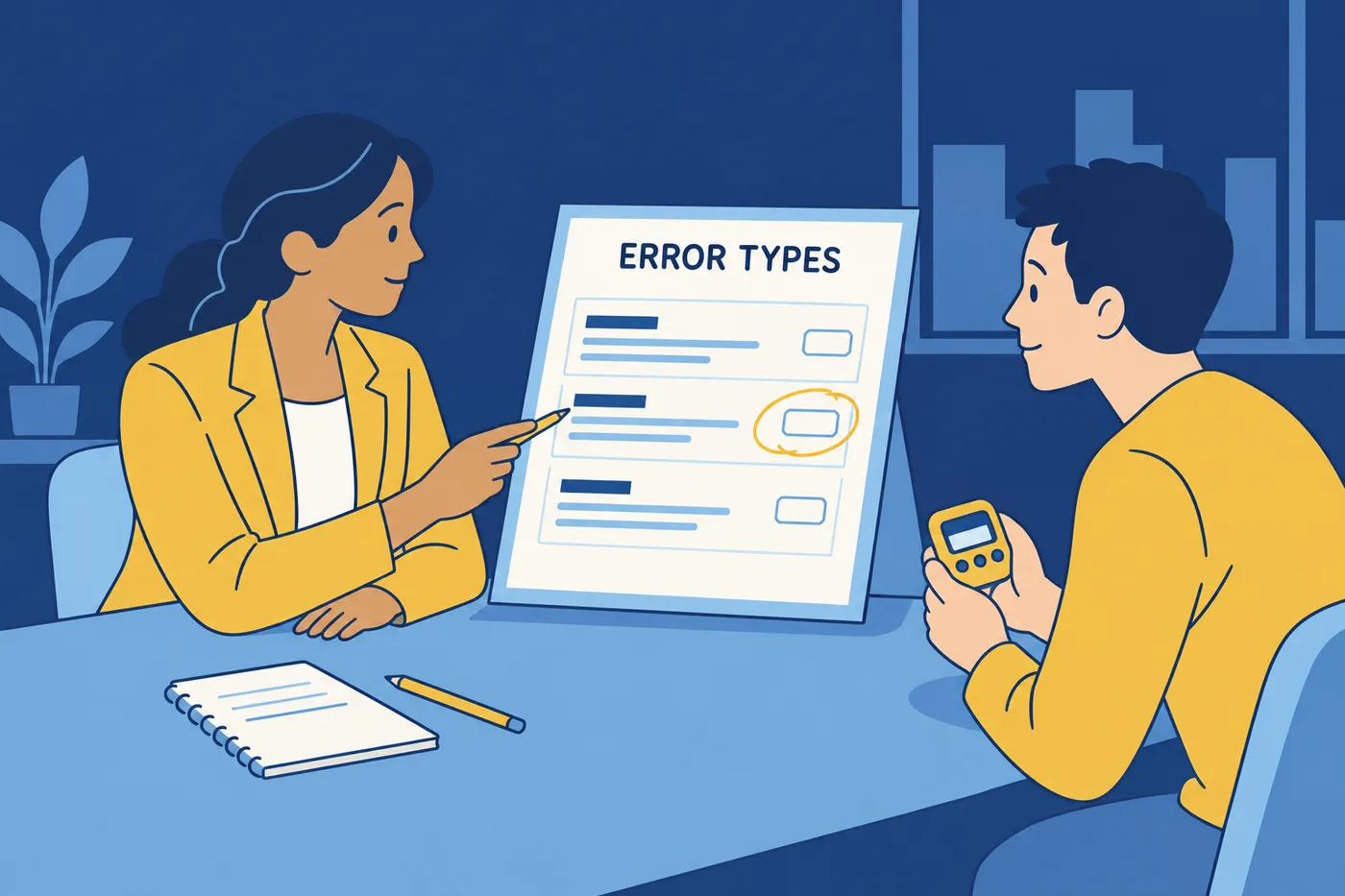 A woman and a colleague review a test error tracking chart with a timer on the desk, illustrating a timed practice routine.