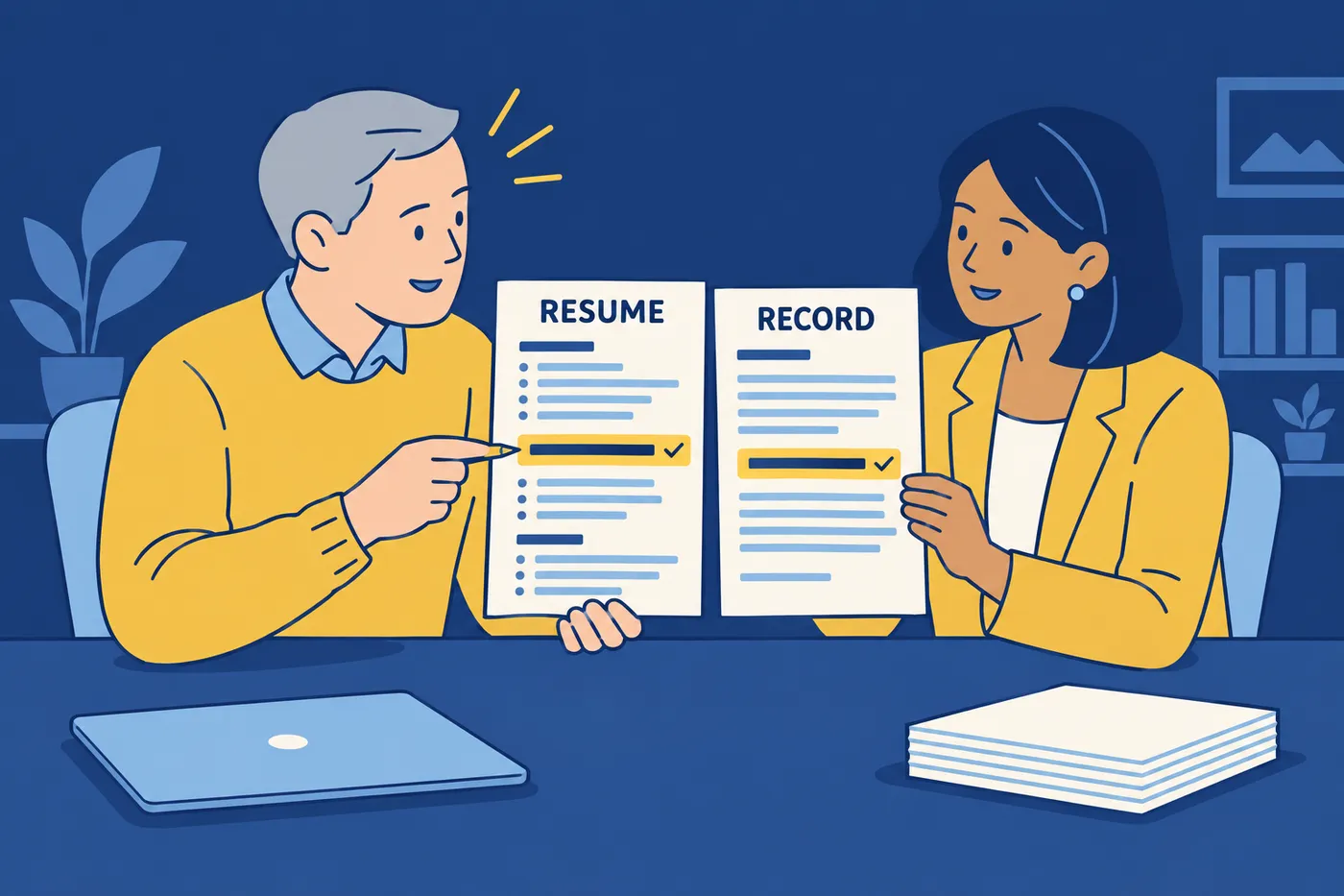 A candidate and a career advisor compare a resume against an official record to ensure dates match before a background check.