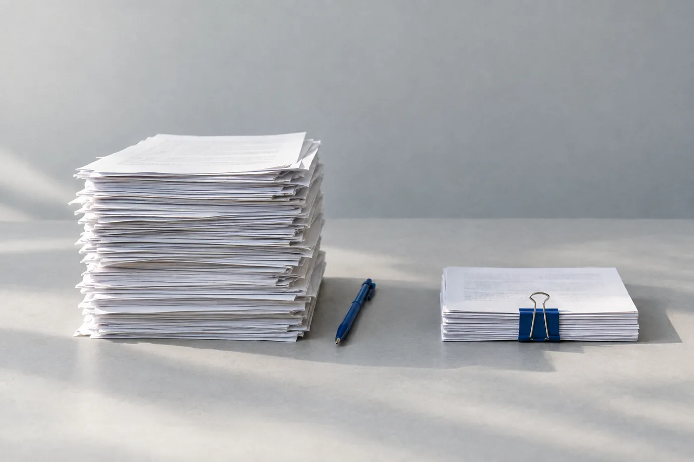 Two stacks of paper of contrasting heights side-by-side with a blue pen, representing quantified results.
