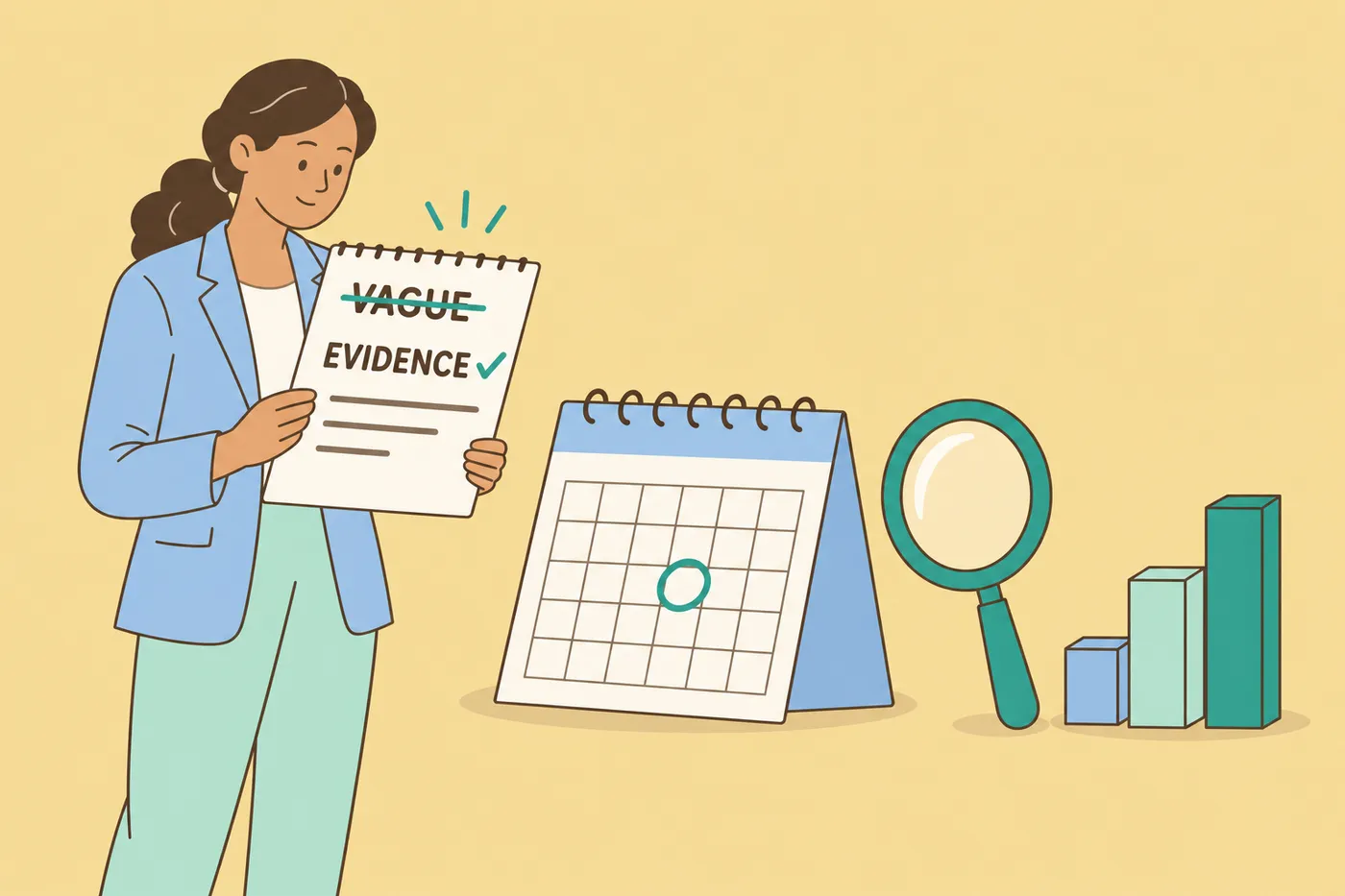 A job seeker reviews a checklist contrasting a vague answer with concrete evidence, next to giant symbols of specific details.