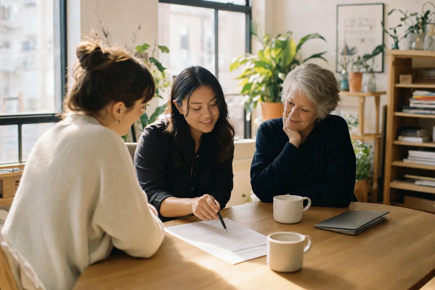 A candidate and two mentors collaborate warmly over a printed resume draft in a bright, modern studio.