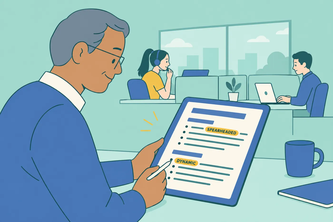 Illustration of a recruiter reviewing highlighted words on a resume.