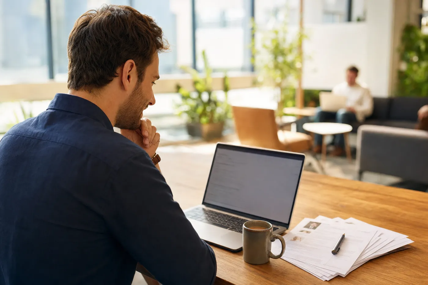 A recruiter smiles knowingly at his desk while reviewing applications in a bright, modern office.