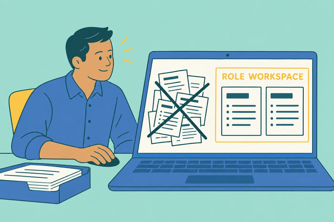 A job seeker smiles at a laptop screen showing a clean role workspace beside a crossed-out pile of duplicated files.