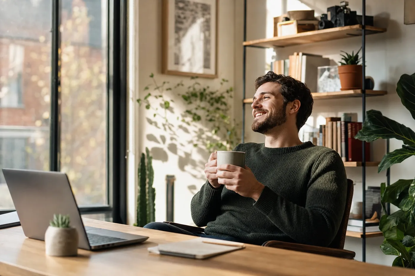 A relaxed professional smiling at his tidy desk, representing a stress-free and organized job application process.