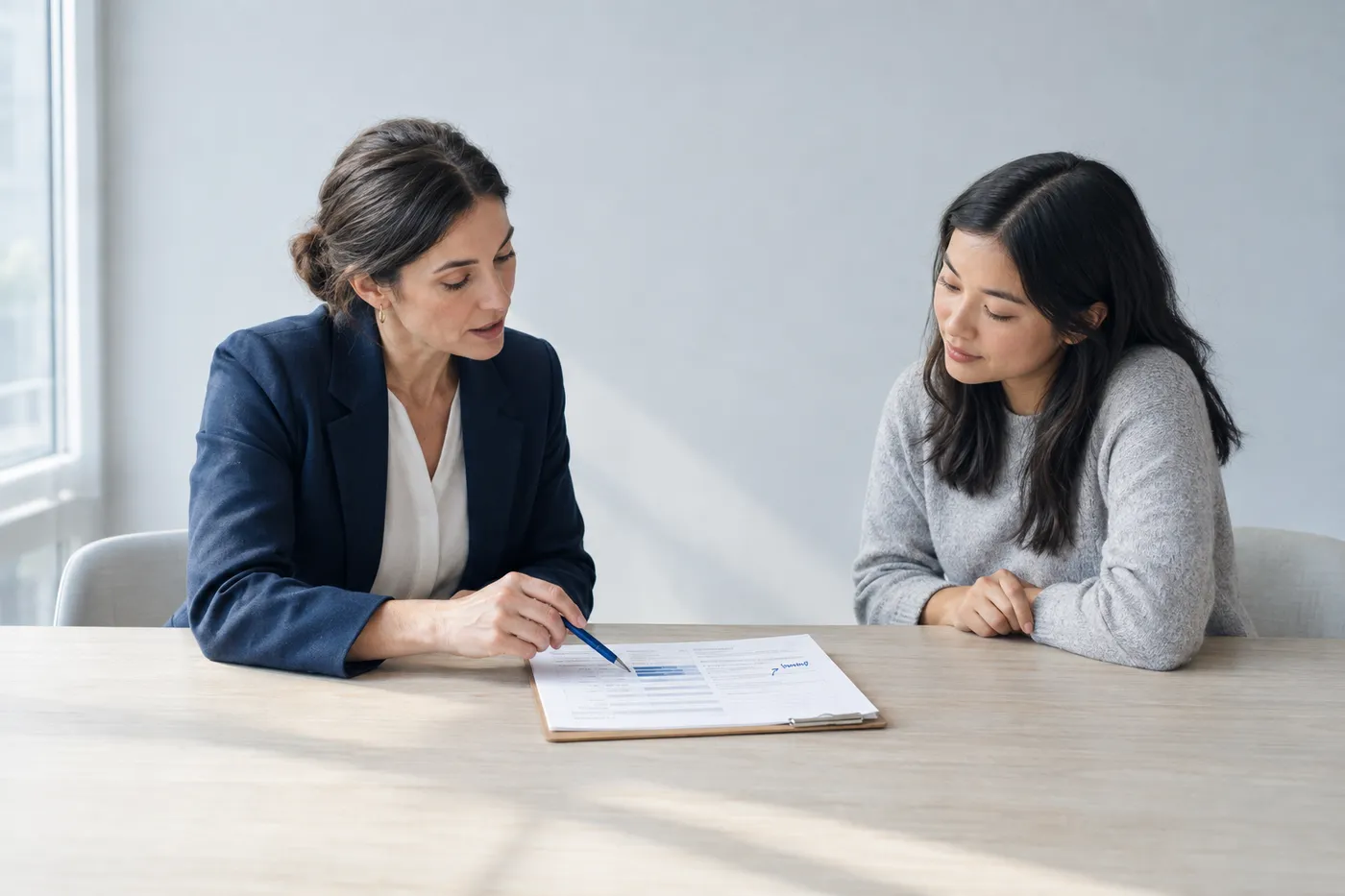 An office manager and assistant review a neatly organized printed document together, demonstrating practical organization.