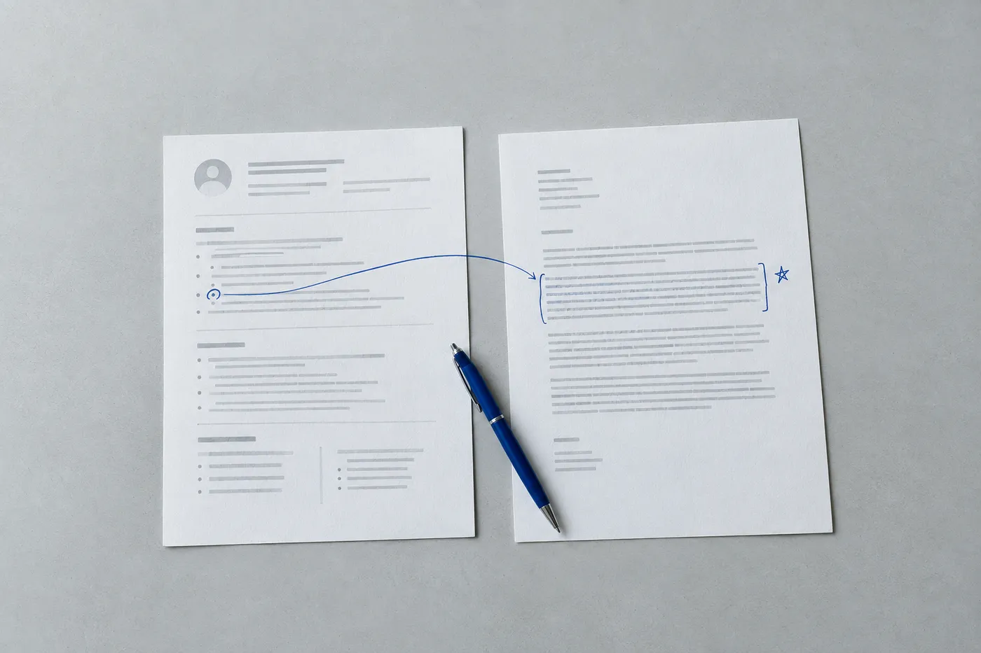A top-down view of a resume and cover letter on a grey desk, connected by a hand-drawn blue ink line and pen.
