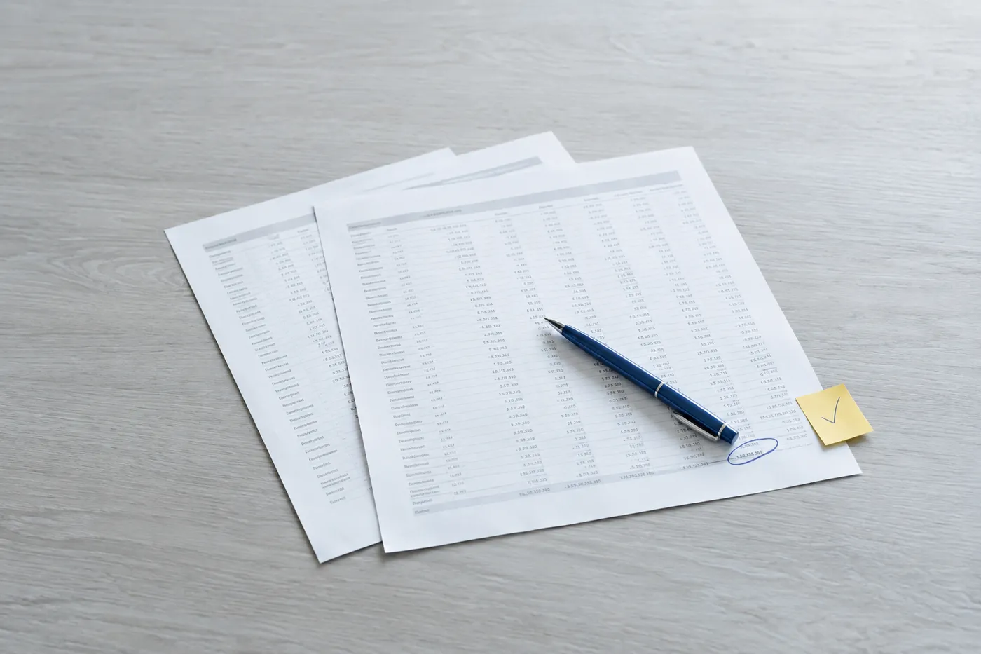 A blue pen rests on a printed reconciliation ledger sheet where a matching final balance has been circled in blue ink.