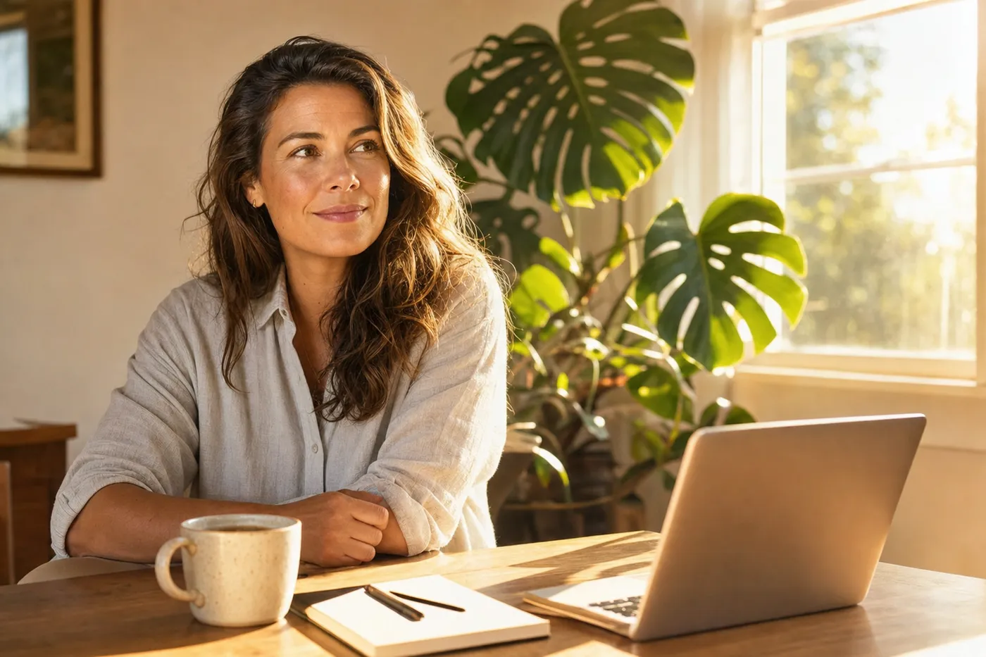 A woman looks thoughtfully out a sunlit window next to her notebook and tea, preparing for a career transition.