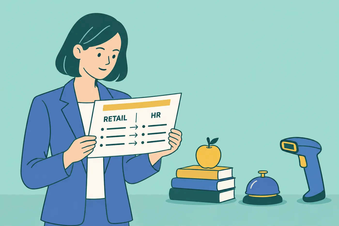 A woman reviews a skills map connecting retail to HR, next to objects representing common career changes.