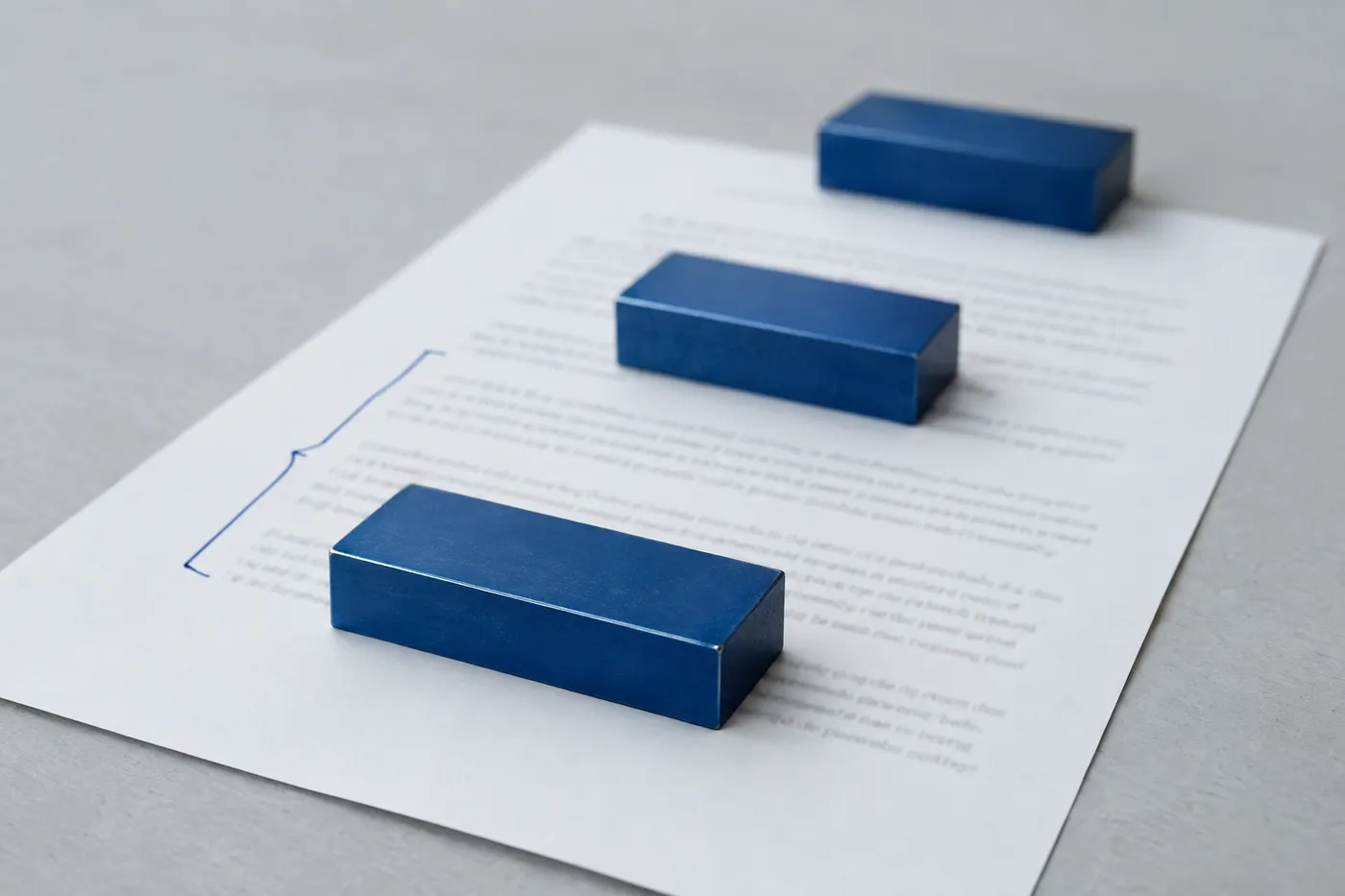Three blue metal blocks serve as structured paperweights on a document's paragraphs, demonstrating the PAR framework.