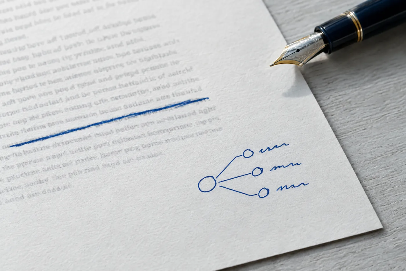 A close-up of a printed cover letter where generic text is crossed out and replaced by a hand-drawn consulting framework in blue ink.