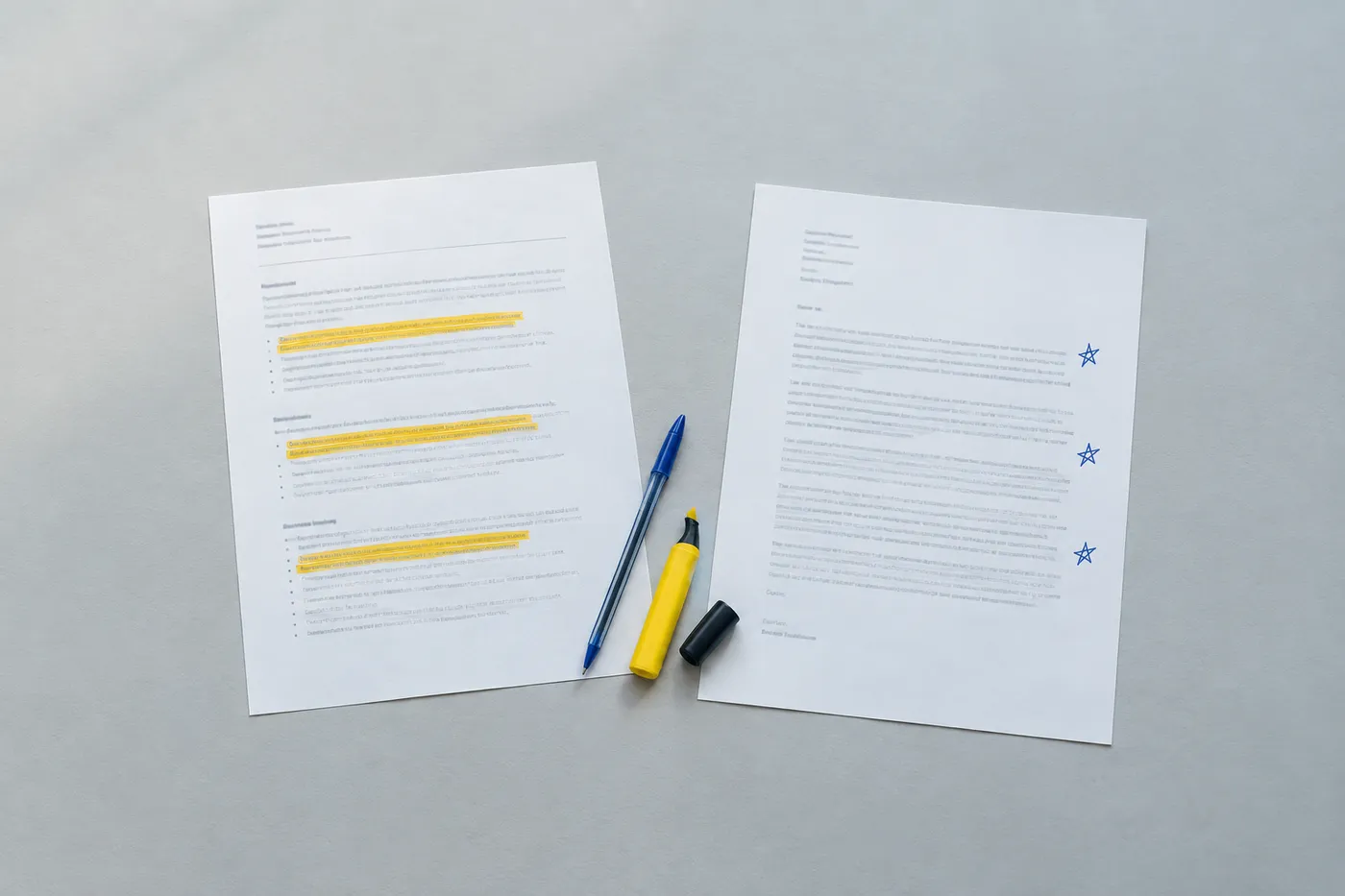 A job description with yellow highlighted keywords next to a draft cover letter marked with blue ink annotations.