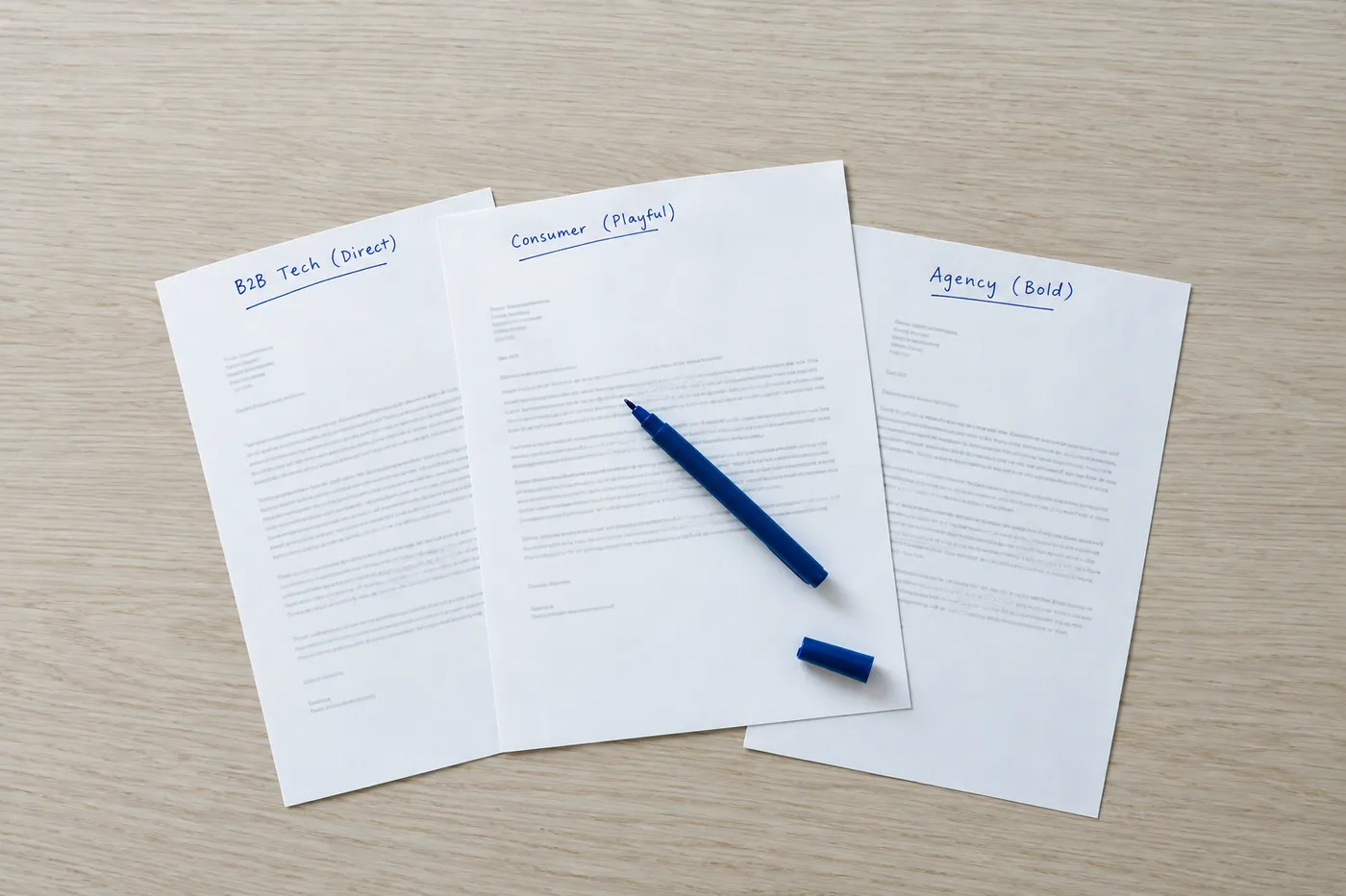 Three cover letter drafts on a wooden desk, annotated in blue ink with different brand tones like B2B and Consumer.