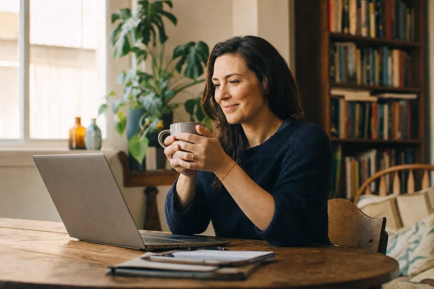 A woman smiling confidently at her laptop in a sunlit home workspace, finding her professional voice.