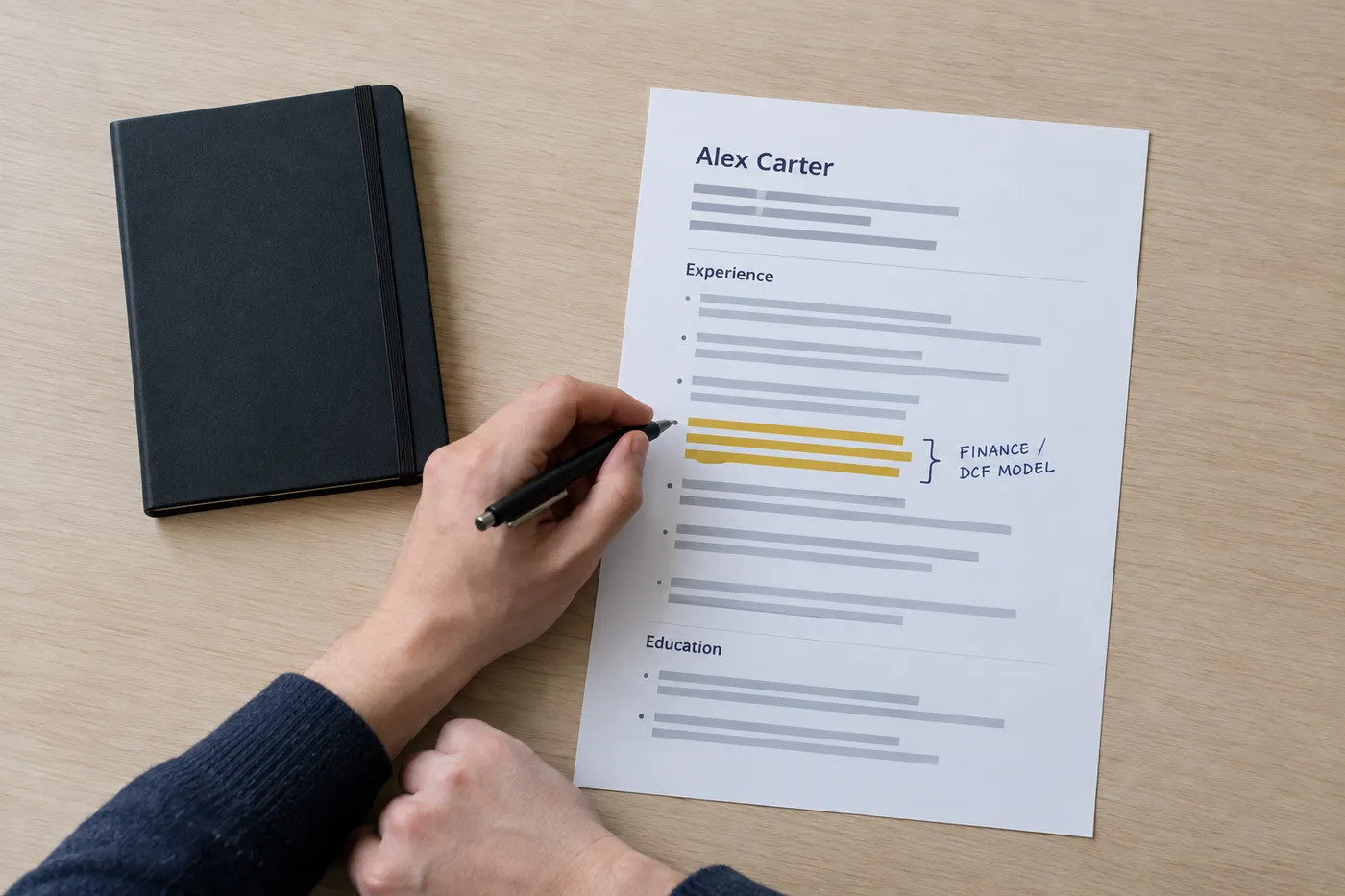 A printed cover letter with three sentences highlighted and a hand-written note pointing to a finance adaptation.