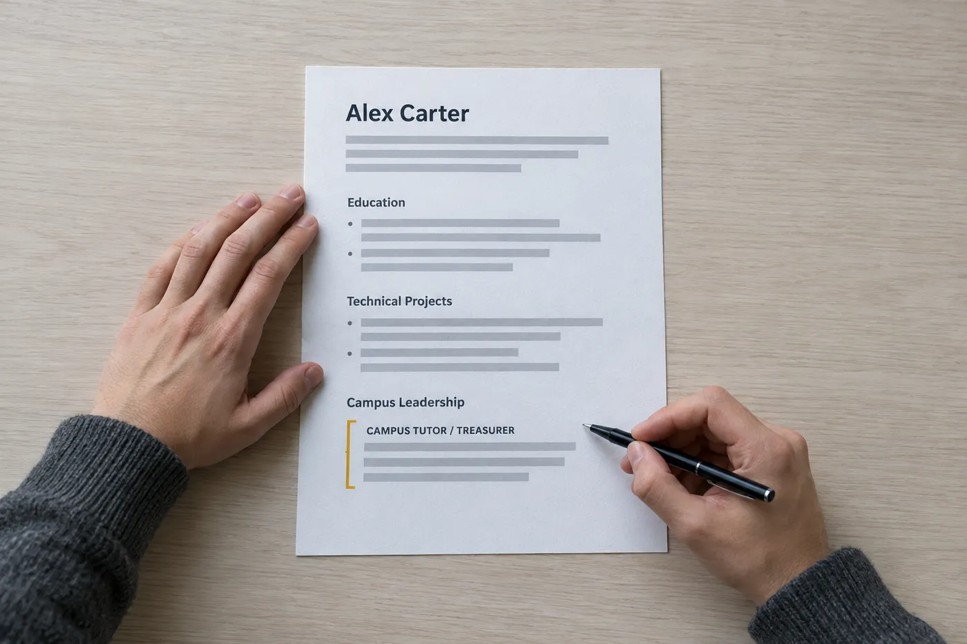 A hand pointing a pen at a cover letter paragraph labeled Campus Tutor / Treasurer, demonstrating how to detail student roles.