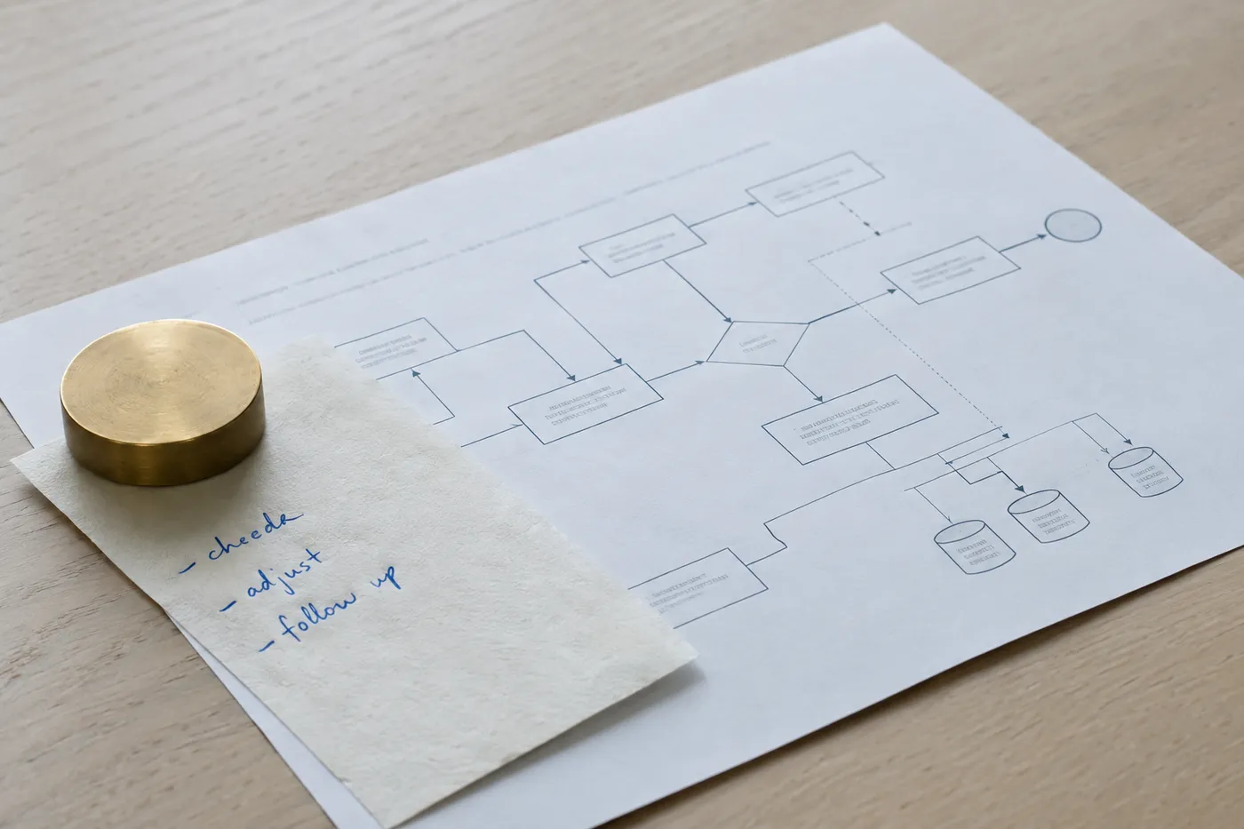A handwritten note rests on a printed technical workflow diagram, representing the balance of relationships and systems.