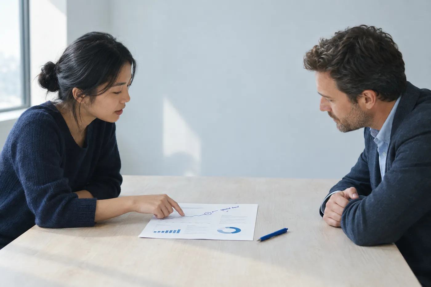 A candidate points to a printed data report while explaining an insight to an interviewer during a meeting.