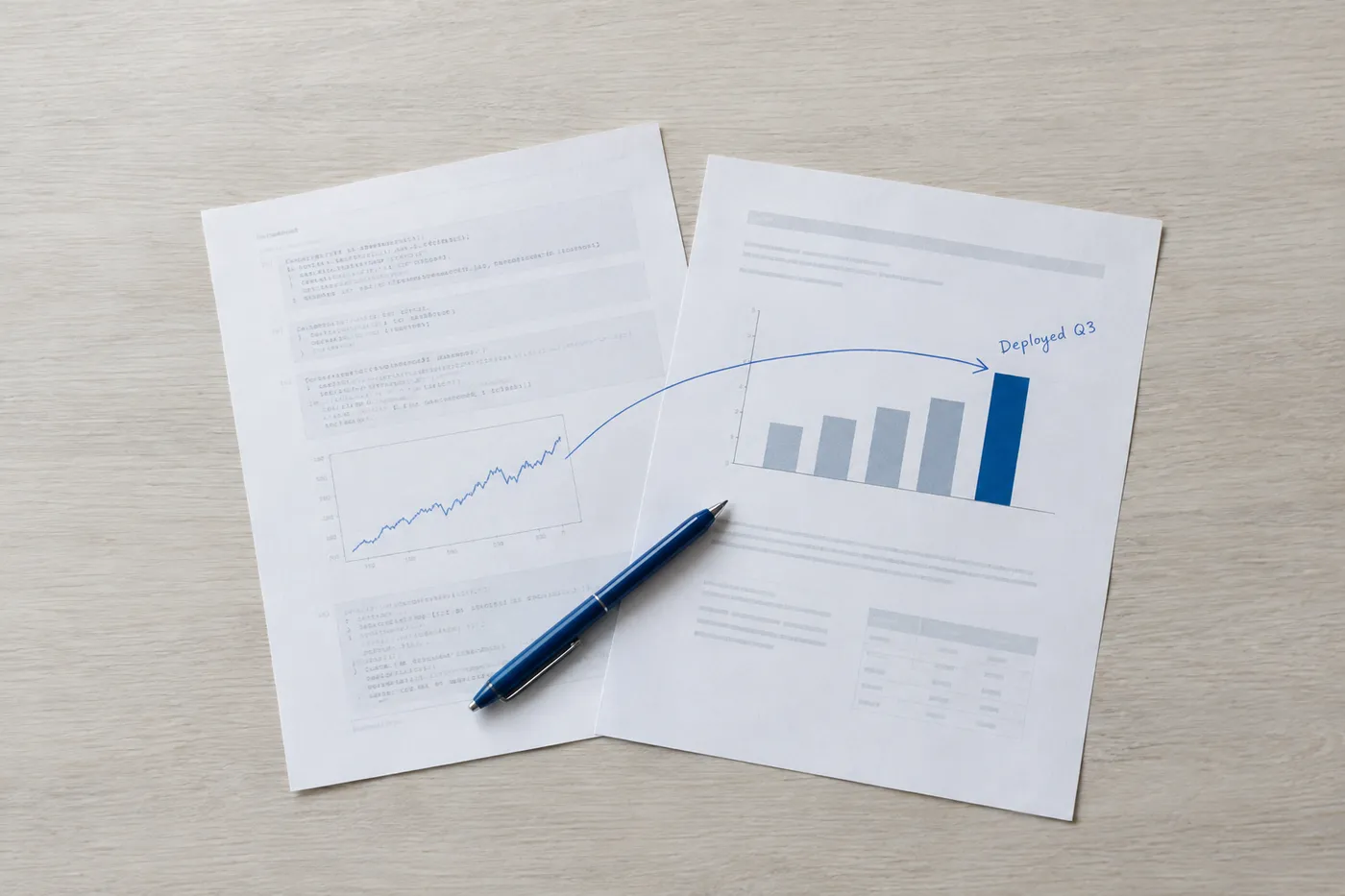 A blue ink arrow connects a printed code notebook chart to a business report on a desk, representing model deployment.