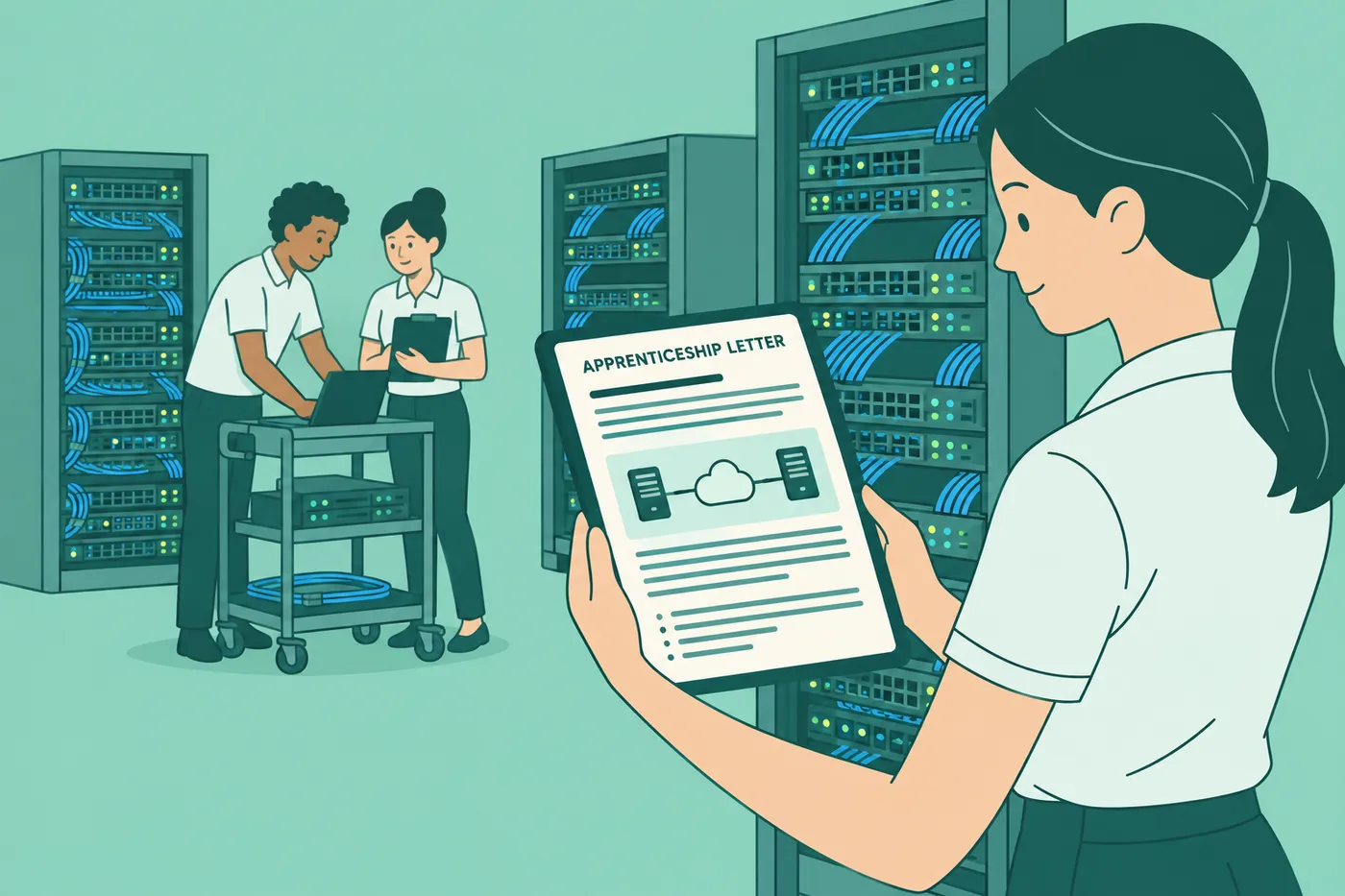 An IT student reviews her apprenticeship cover letter next to a server rack in a network lab.
