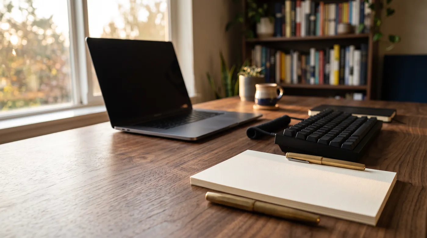 A printed cover letter on a walnut desk next to a mechanical keyboard and fountain pen in warm afternoon light.
