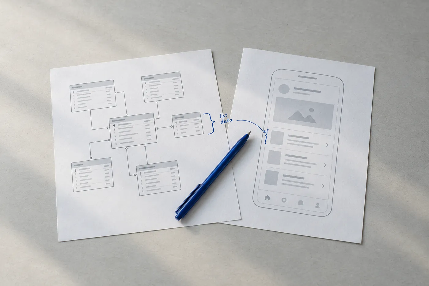 A printed database schema and a UI wireframe on a desk, linked by a handwritten blue bracket and a resting pen.