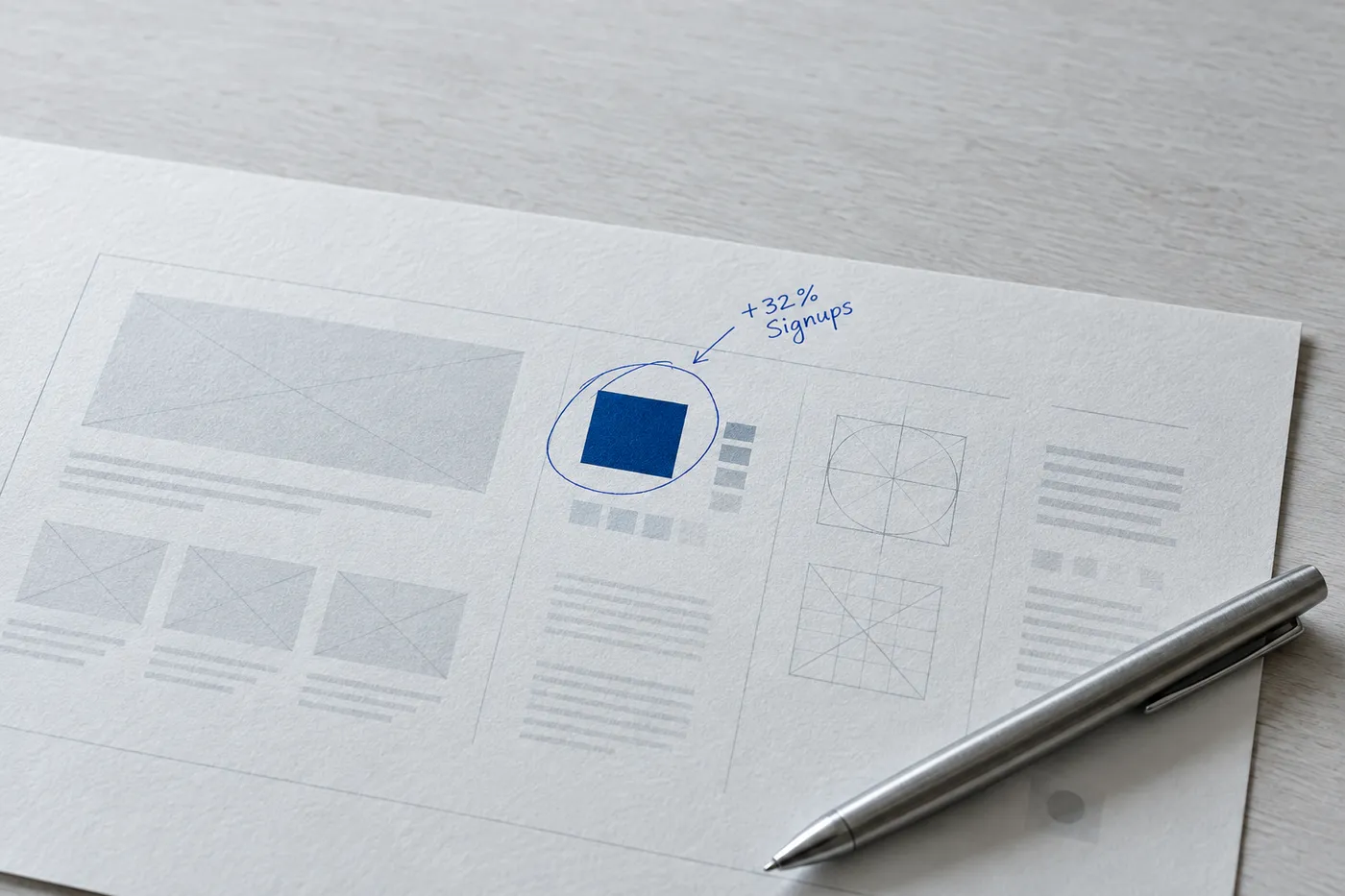 A printed design layout sheet with a handwritten blue ink annotation showing a conversion metric next to a button design.